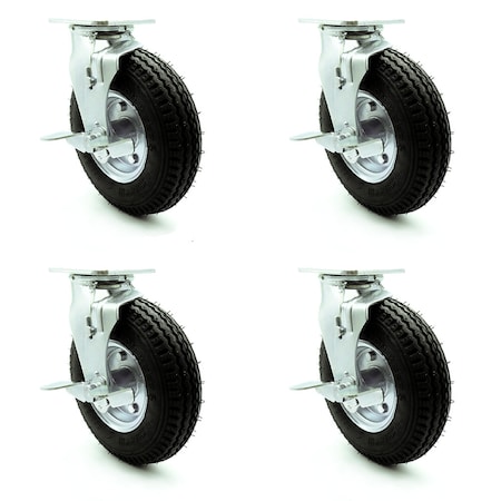Service Caster 8 Inch Black Pneumatic Wheel Swivel Casters with Brakes Set SCC-100S280-PNB-TLB-4